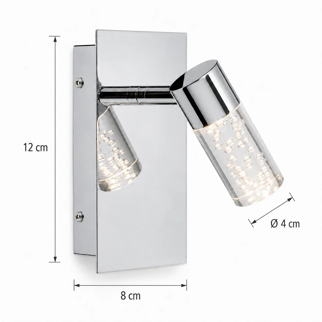 Maßzeichnung der BUBBLE LED-Wandleuchte mit 12 cm Höhe, 8 cm Breite und 4 cm Spot-Durchmesser