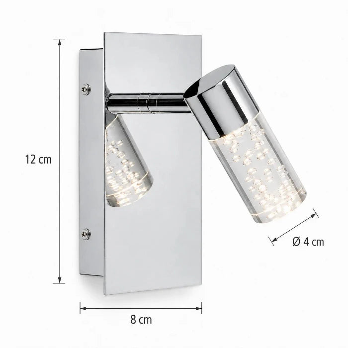 Maßzeichnung der BUBBLE LED-Wandleuchte mit 12 cm Höhe, 8 cm Breite und 4 cm Spot-Durchmesser