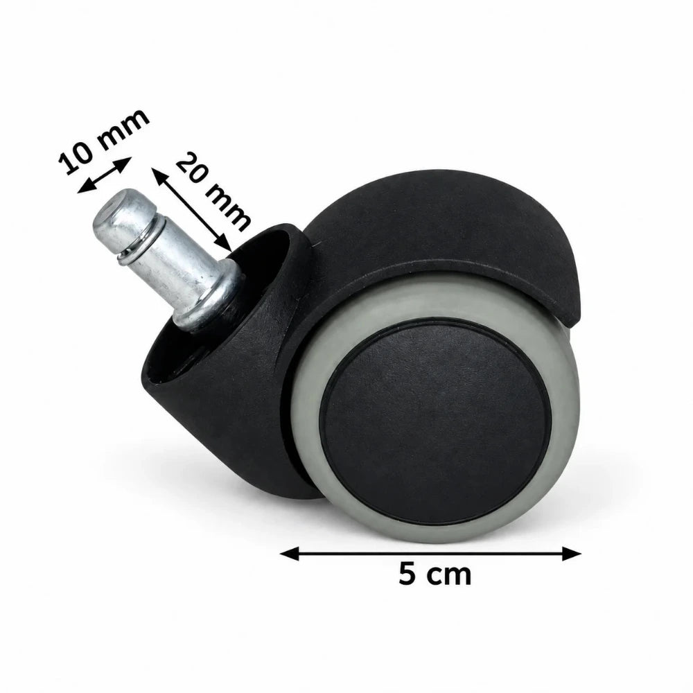 Hartbodenrolle für Bürostuhl mit Maßangaben: 50 mm Raddurchmesser sowie Metallstift mit 10 mm Durchmesser und 20 mm Länge.
