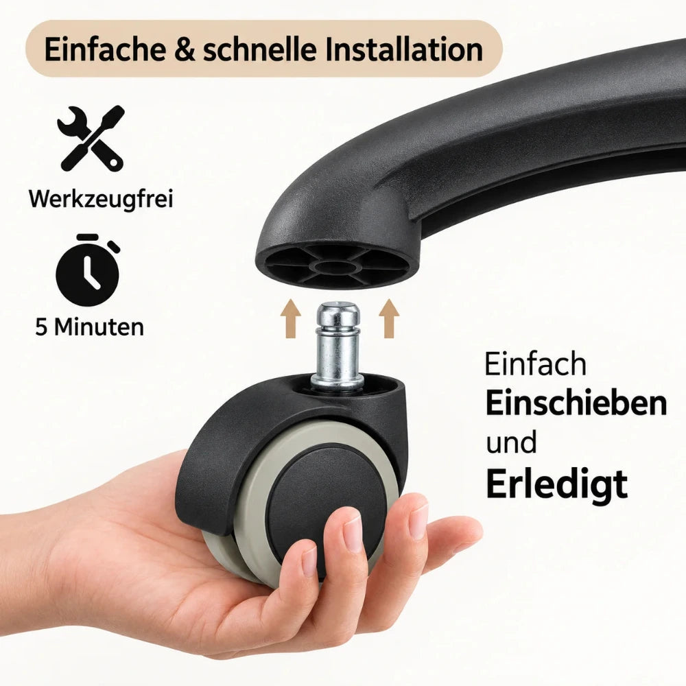 Montage einer Bürostuhlrolle durch einfaches Einstecken des Metallstifts in das Fußkreuz eines Stuhls, ohne Werkzeug.
