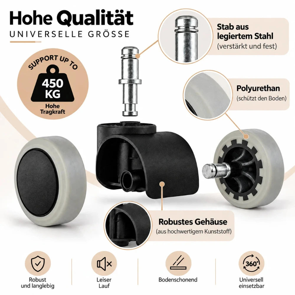 Detaildarstellung der Bürostuhlrolle mit Metallstift, schwarzem Kunststoffgehäuse und grauer Polyurethan-Lauffläche sowie einzelnen Bauteilen.