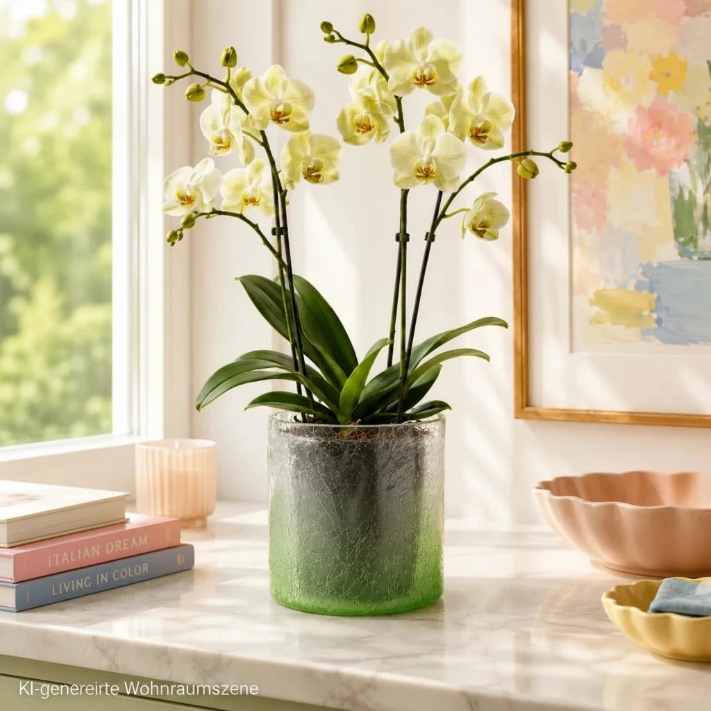 Grüner Sompex Crush Glas Übertopf mit Orchideenpflanze und langen Blütenstielen auf einer modernen Fensterbank