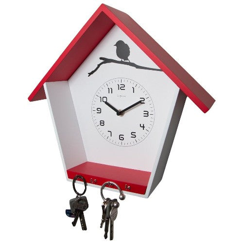 Holz Wanduhr mit Schlüsselbrett Cuckey Rot