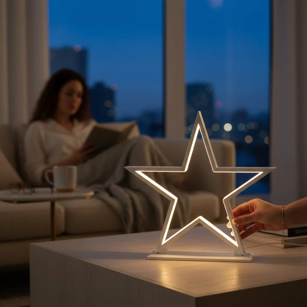Moderne LED-Stern-Dekoleuchte mit warmem Licht in einer Abendstimmung im Wohnzimmer.