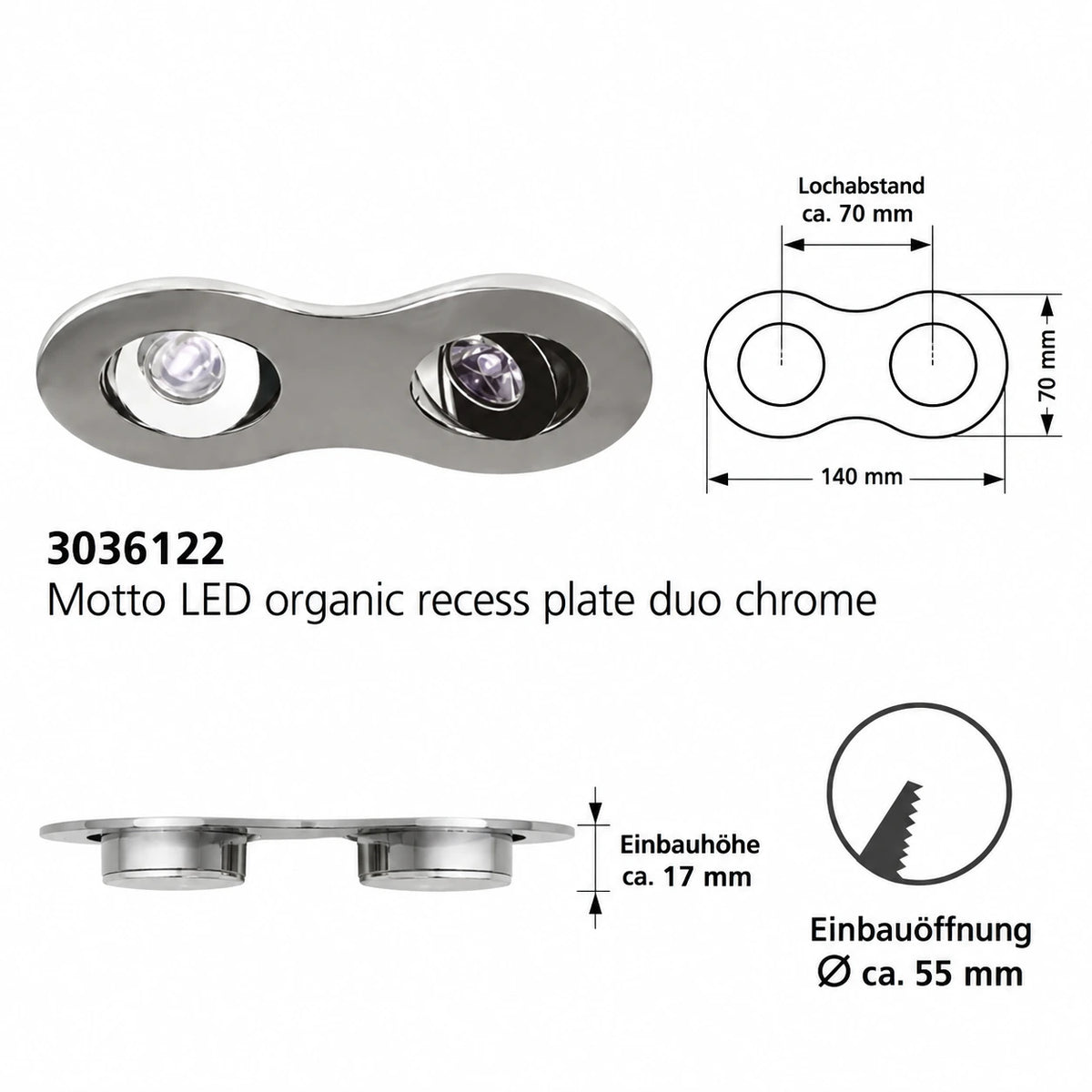 Maße und Einbauöffnungen des Lumiance Motto LED Organic ceiling plate duo chrom Sylavnia Einbaurahmens 3036122