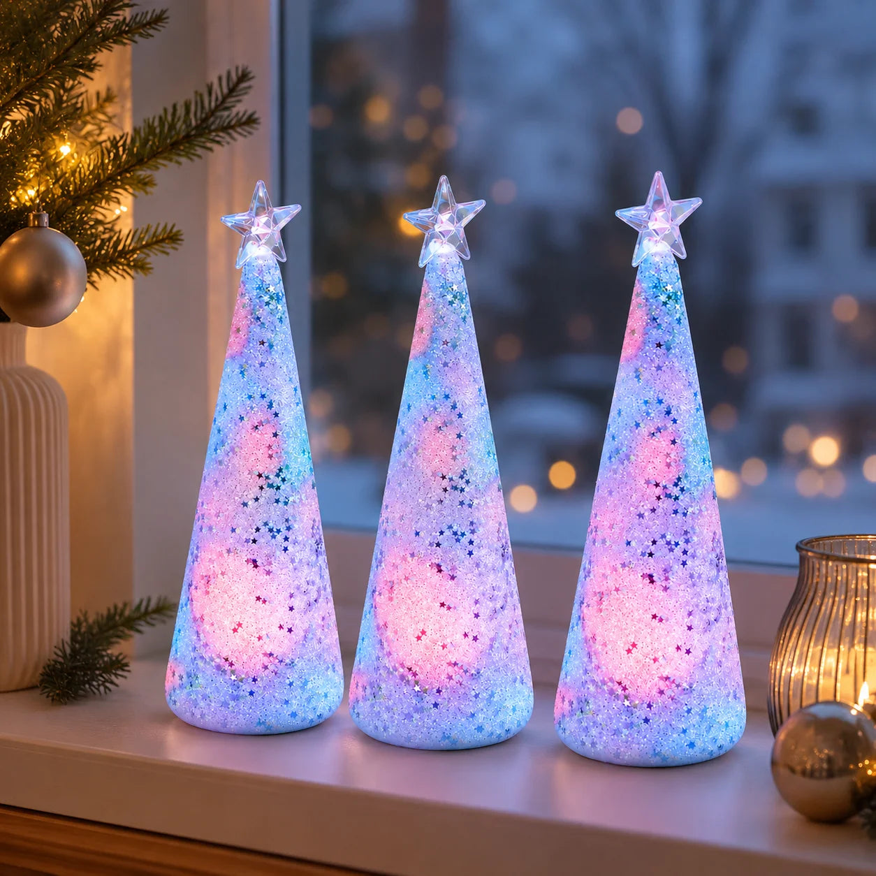 Drei beleuchtete RGB LED Tannenbäume mit Sternspitze auf einer weihnachtlich dekorierten Fensterbank
