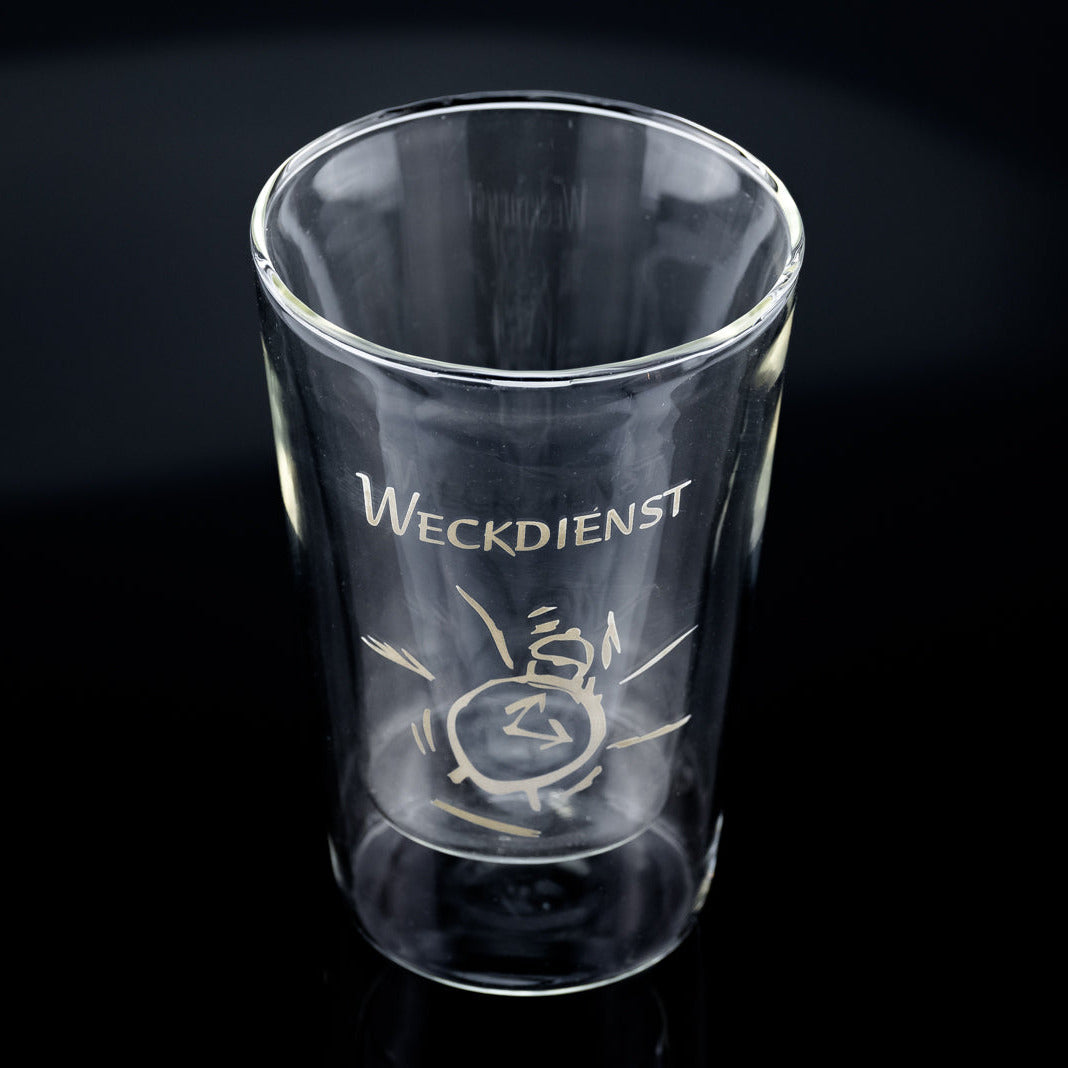 Thermoglas 250 ml Latte Macchiato 'Weckdienst' teeglas kaffeglas Thermoglas doppelwand Trinkglas Glas Latte Macchiato kaffee Tee kakao mit aufdruck weckdienst 250 ml moderne form 32556 sompex