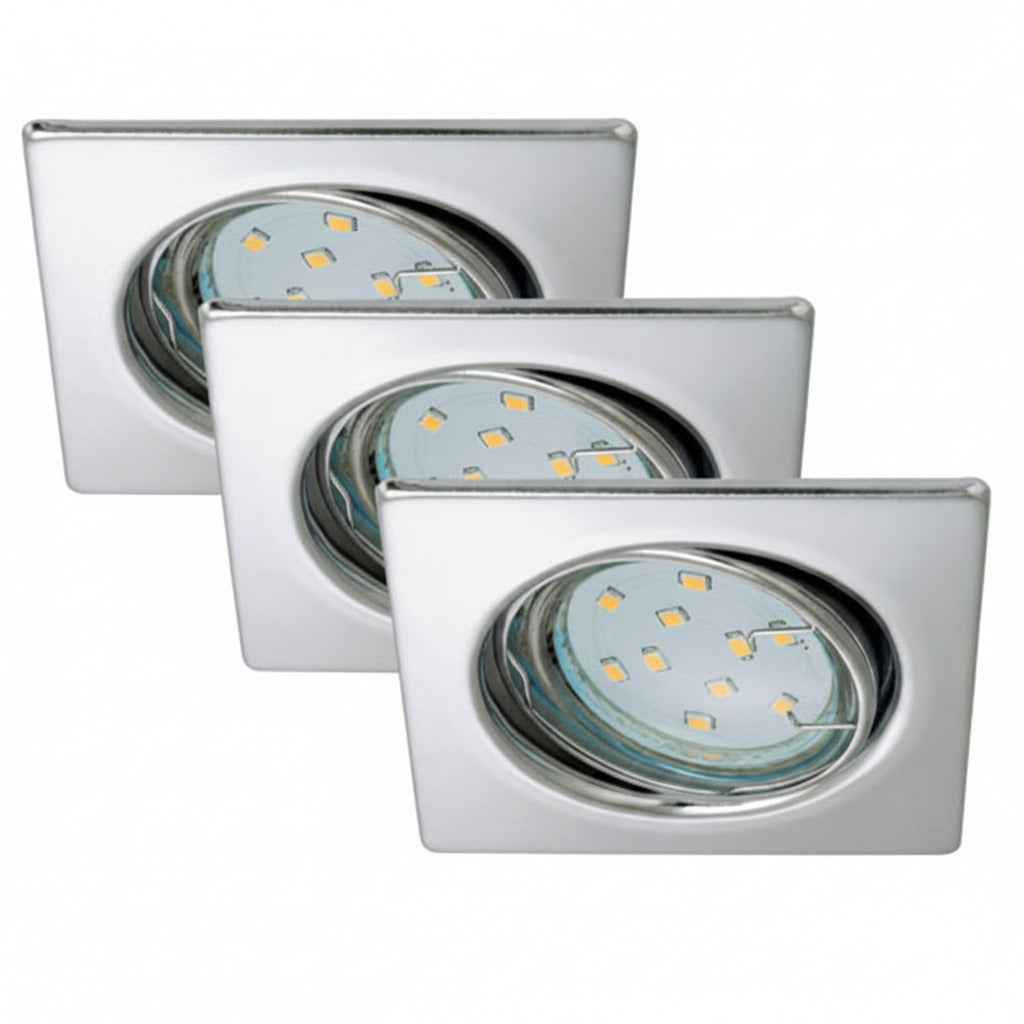 3er Set Einbauleuchten eckig Chrom GU10 inkl. 3W LED – Einbaustrahler IP23, schwenkbar, dimmbar, 68mm
