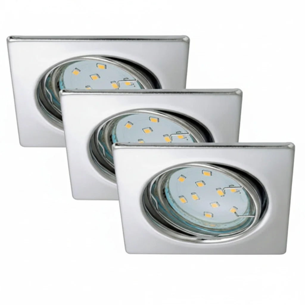 3er Set Einbauleuchten eckig Chrom GU10 inkl. 3W LED – Einbaustrahler IP23, schwenkbar, dimmbar, 68mm