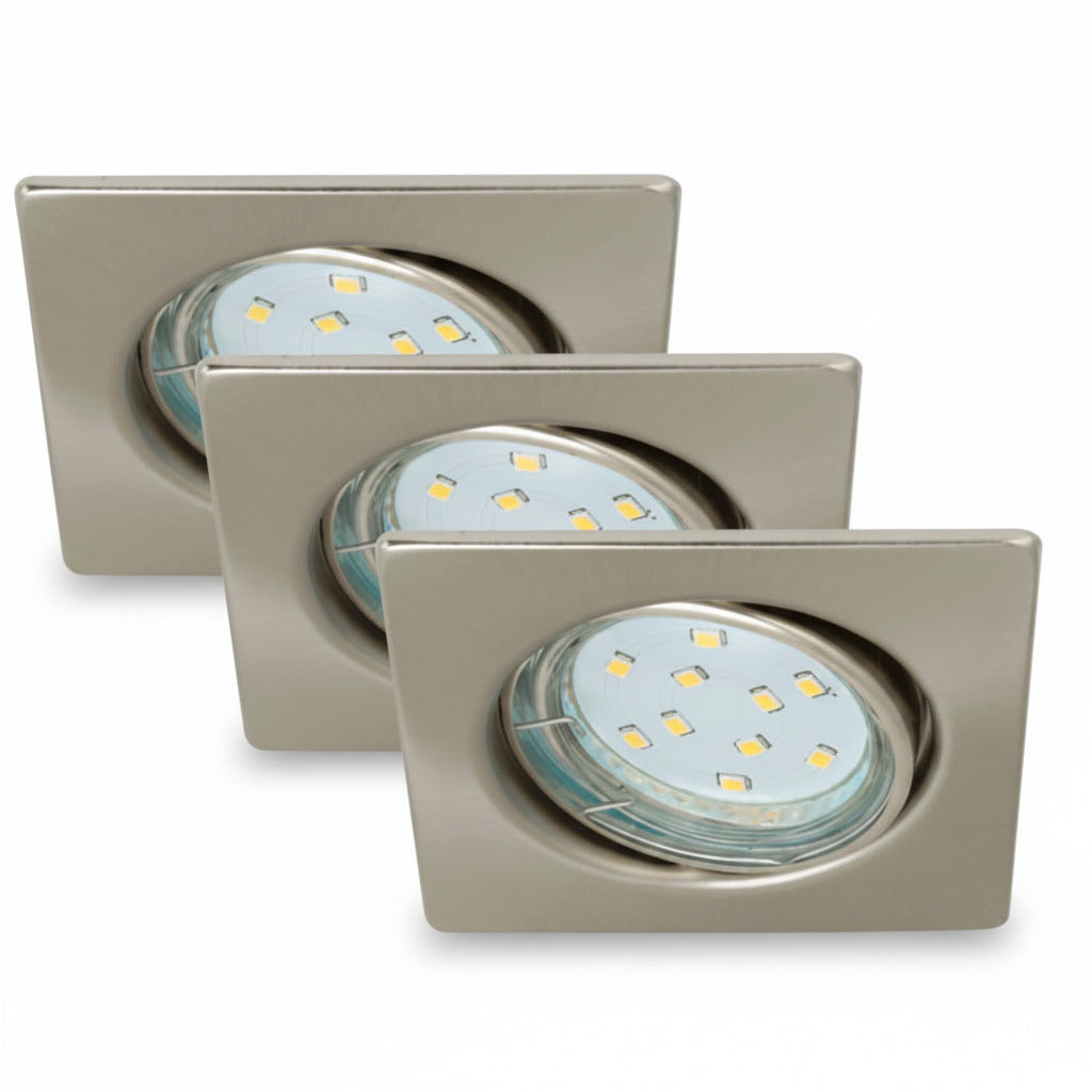 3er Set Einbauleuchten eckig nickel matt GU10 inkl. 3W LED – Einbaustrahler IP23, schwenkbar, dimmbar, 68mm
