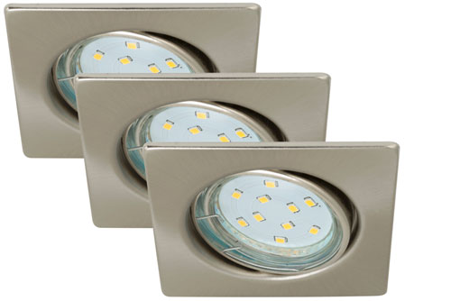 3er Set Einbauleuchten eckig nickel matt GU10 inkl. 3W LED – Einbaustrahler IP23, schwenkbar, dimmbar, 68mm