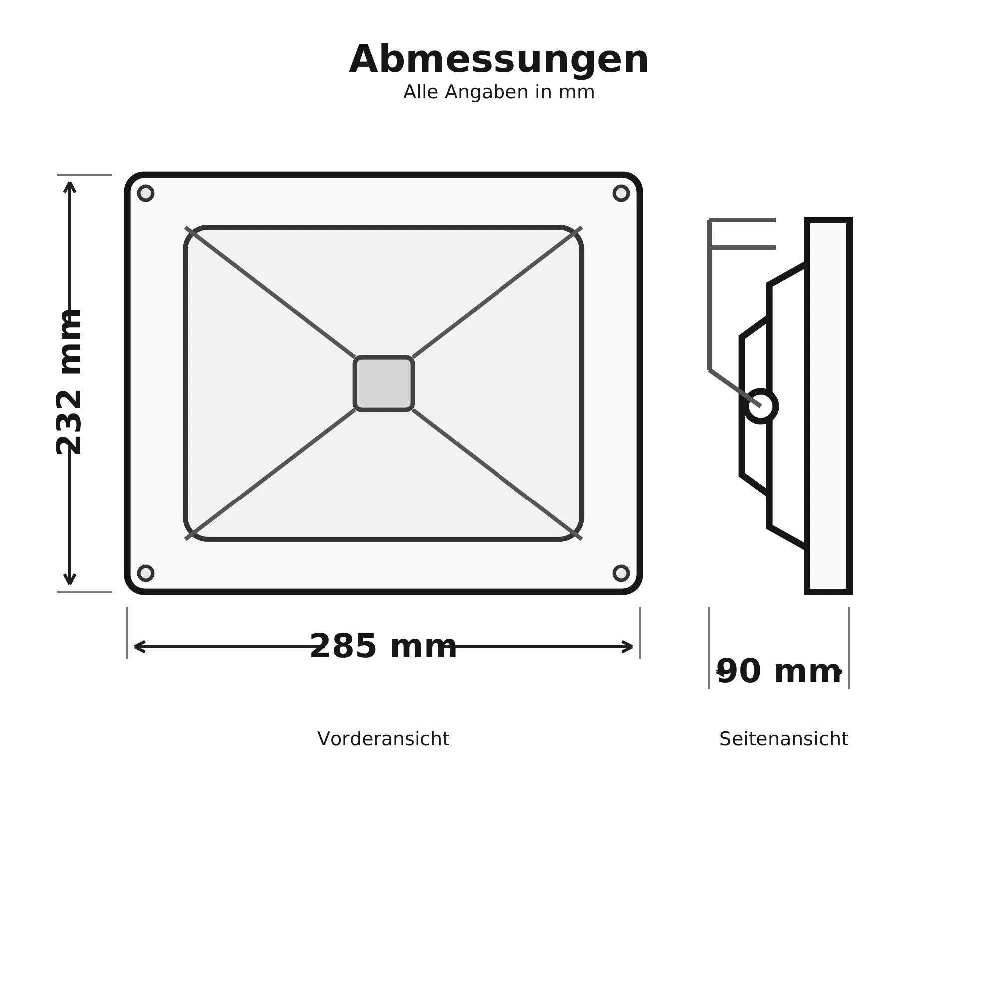Maßskizze des LED-Fluters mit 285 mm Breite, 232 mm Höhe und 90 mm Tiefe in Vorder- und Seitenansicht