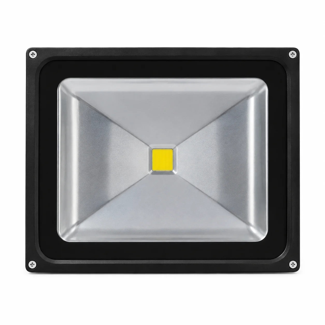 Schwarzer LED-Fluter 50 W mit silbernem Reflektor und zentralem LED-Modul in der Frontansicht