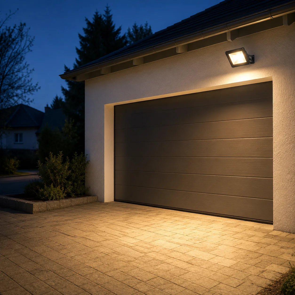 Schwarzer LED-Fluter über einem Garagentor mit warmweiß beleuchteter Einfahrt bei Dämmerung