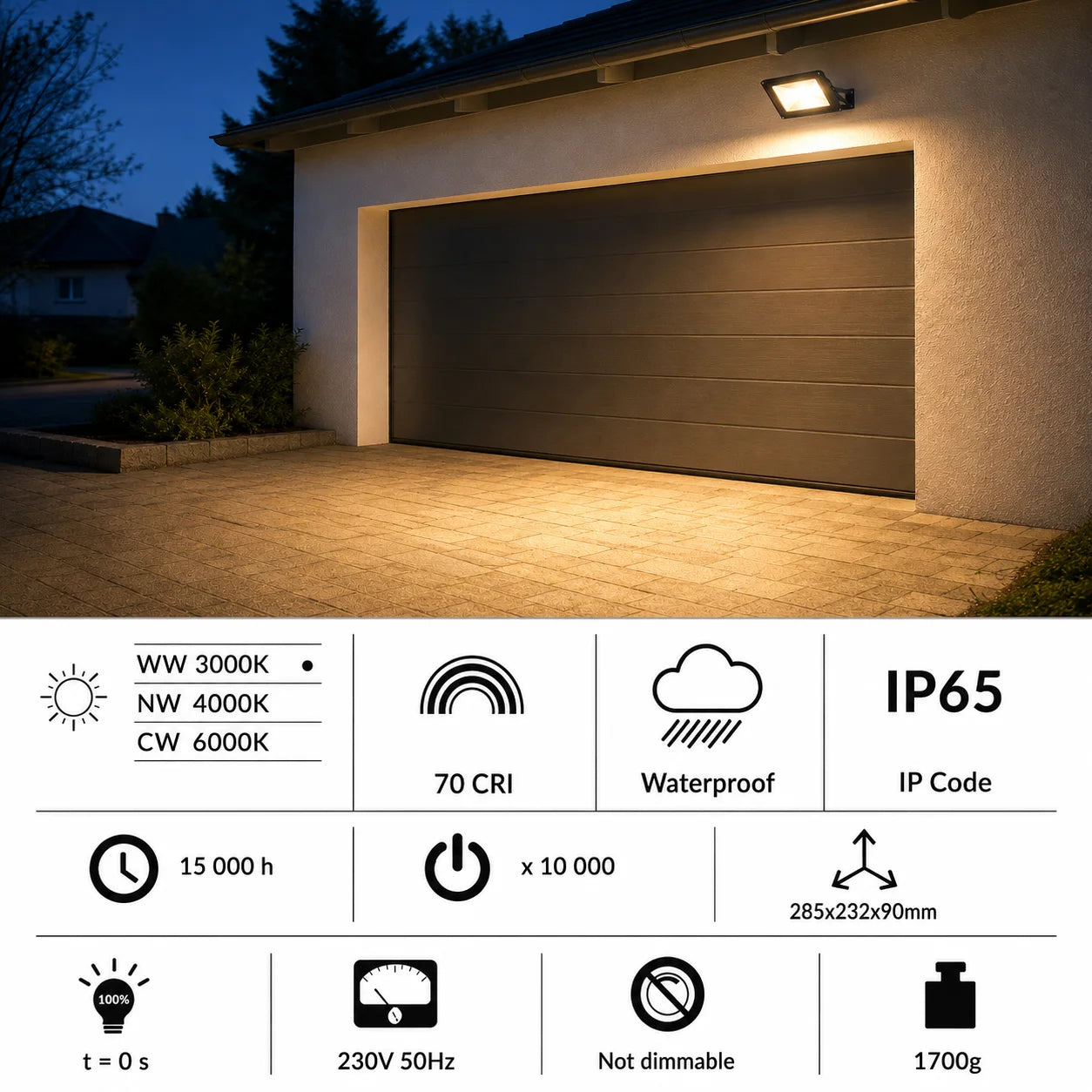 LED-Fluter 50 W über einer Garage mit beleuchtetem Vorplatz und technischen Angaben zu 3000 K, 3500 lm und IP65
