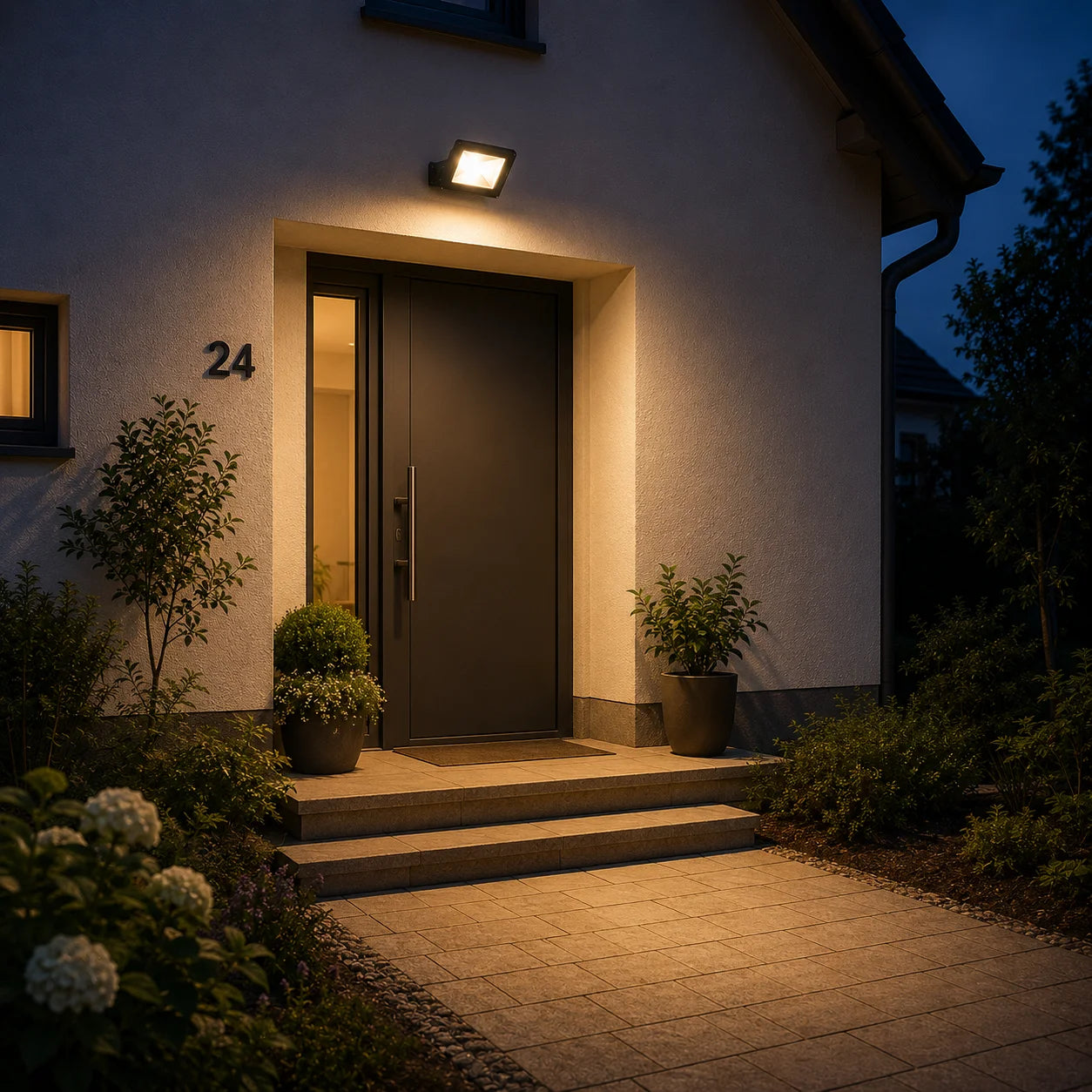 LED-Fluter 50 W über einer Haustür zur warmweißen Beleuchtung von Eingang, Stufen und Zugangsweg