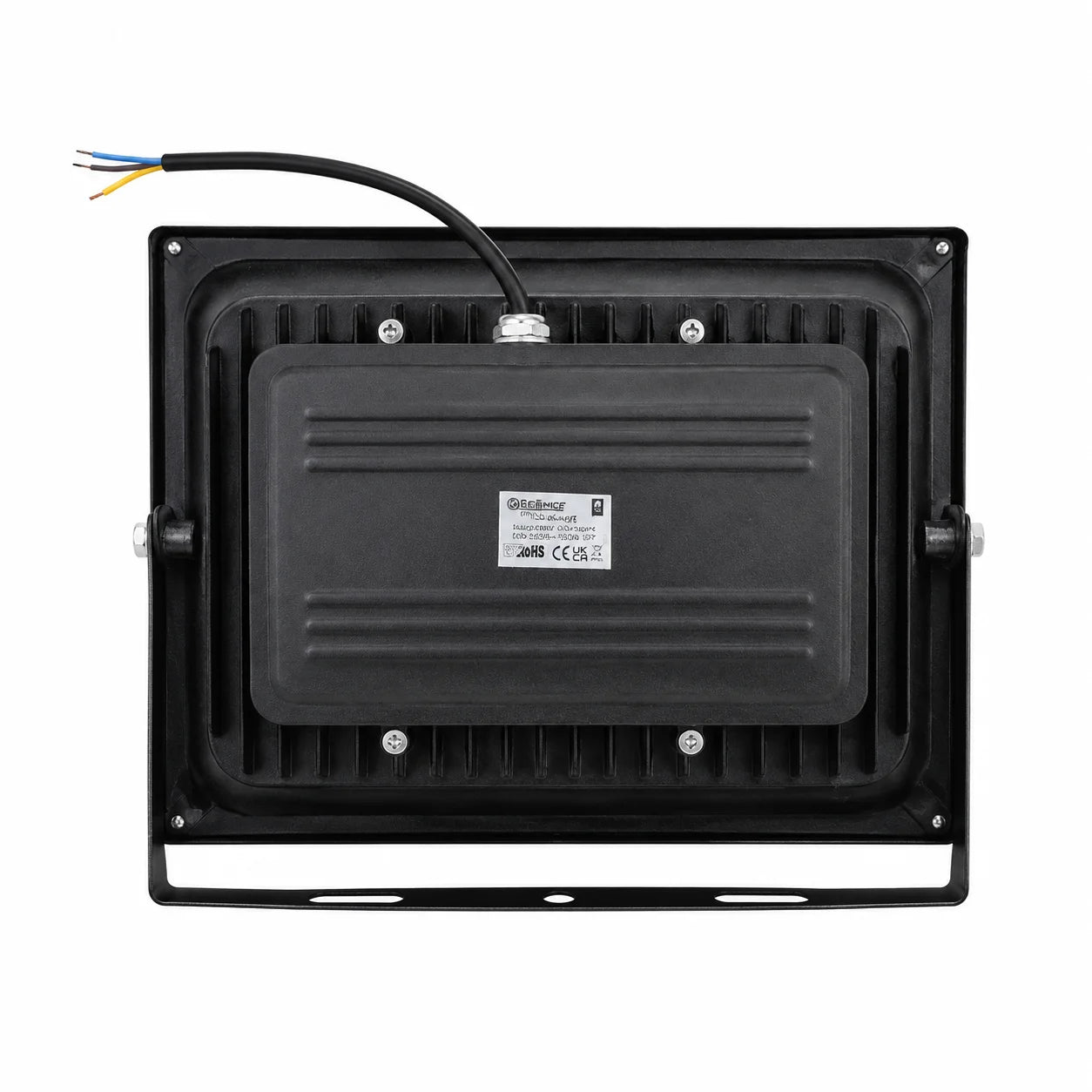 Rückseite des schwarzen LED-Fluters 50 W mit Gehäuse, Anschluss und verstellbarem Montagebügel