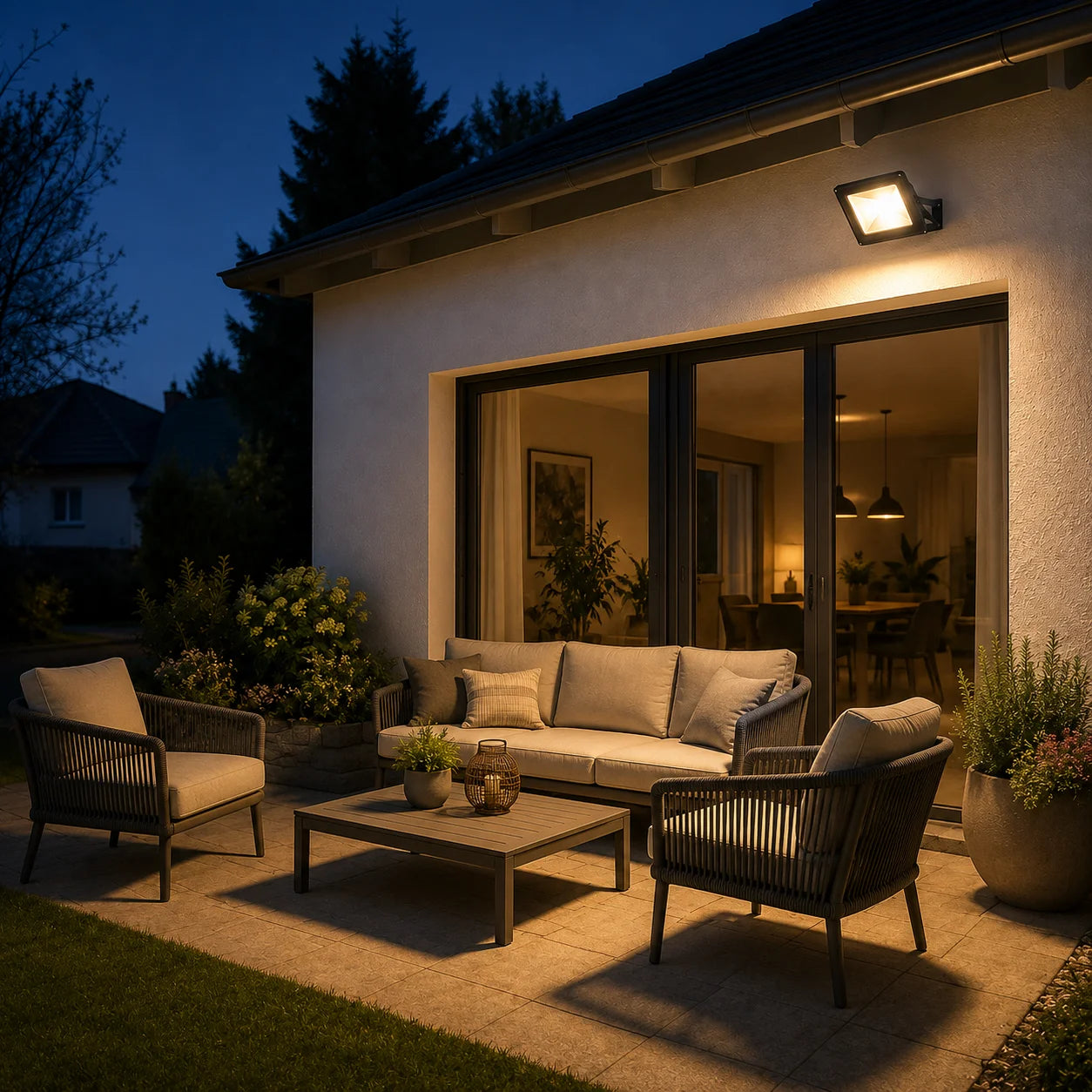 LED-Fluter 50 W an einer Hausfassade zur warmweißen Beleuchtung einer Terrasse mit Sitzgruppe