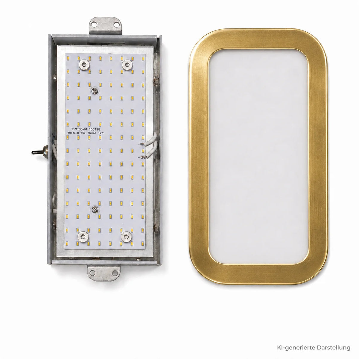 Geöffnete Honsel Hendrik LED Wandleuchte mit sichtbarem LED-Modul, Metallgehäuse sowie separatem Messingrahmen mit weißem Glas,  SW1946 – KI-generierte Darstellung