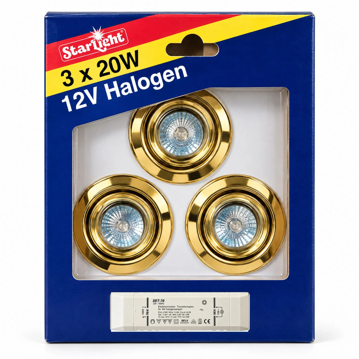 außenverpackung zu 3er set venus gold 80 einbaustrahler 12v schwenkbar mit transformator starlicht 3x 20w