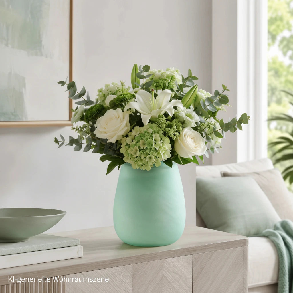 Pastellgrüne Elsa Glasvase mit frischem Blumenstrauß auf einem Sideboard im modernen Wohnzimmer