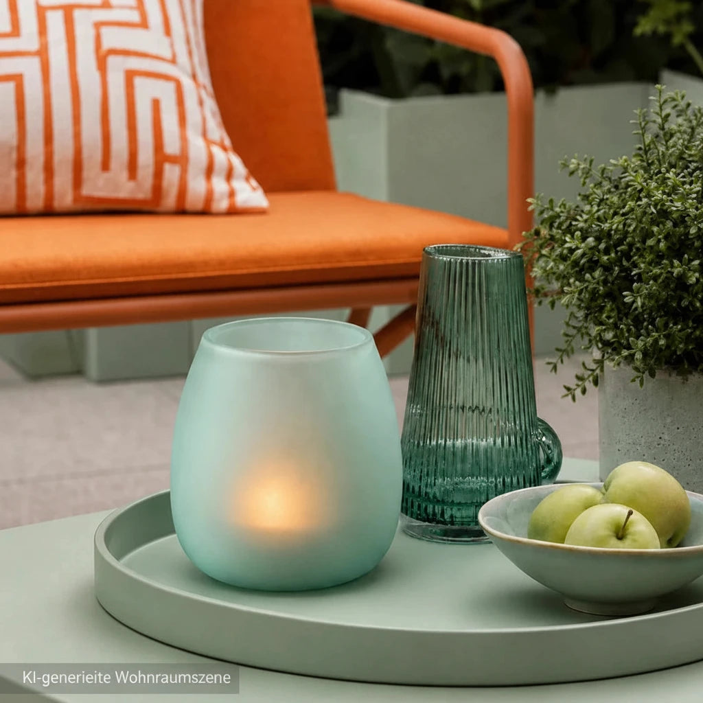 Pastellgrüne matte Elsa Glasvase auf einem Dekotablett auf der Terrasse mit sichtbar leuchtender Kerze