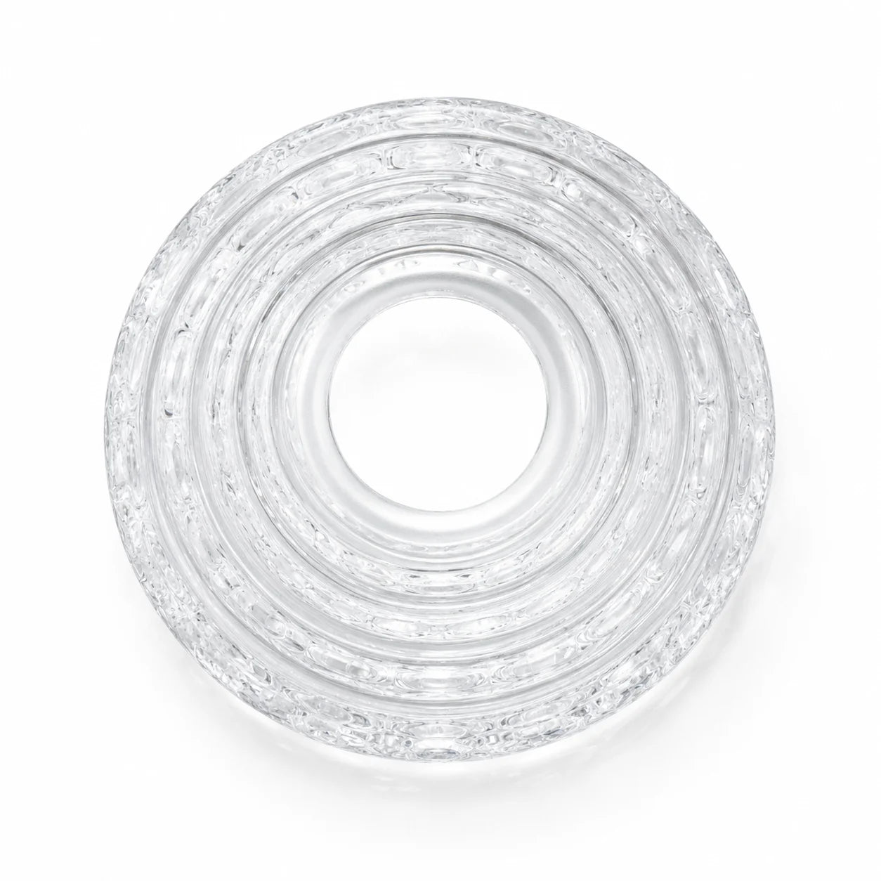 Draufsicht auf klares Ersatzglas mit zentraler Öffnung Ø ca. 43 mm und konzentrischer Glasstruktur