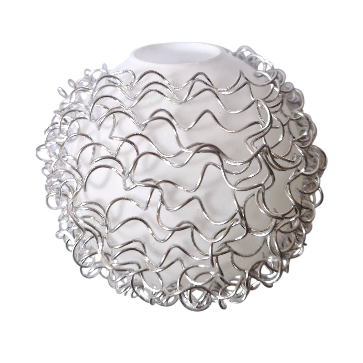 Lampenglas Glaskugel aus weißem Milchglas mit silbernem Aluminiumdraht, Durchmesser ca. 10 cm