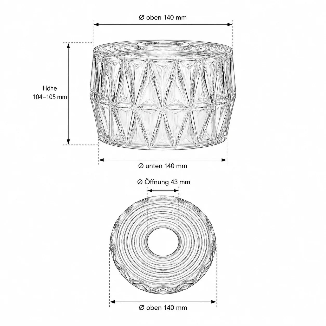 Maßzeichnung des Ersatzglases: Ø oben und unten 140 mm, Höhe ca. 104–105 mm, Öffnung Ø ca. 43 mm