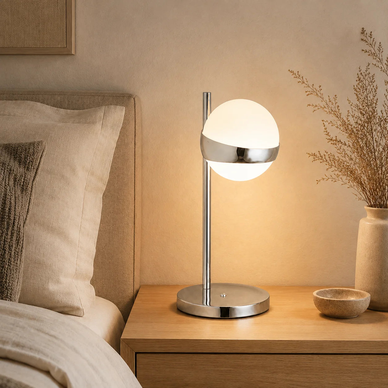 ESTO Taurus 998037 Tischleuchte aus Chrom mit weißer Opalglaskugel, eingeschaltet auf einem Nachttisch im Schlafzimmer
