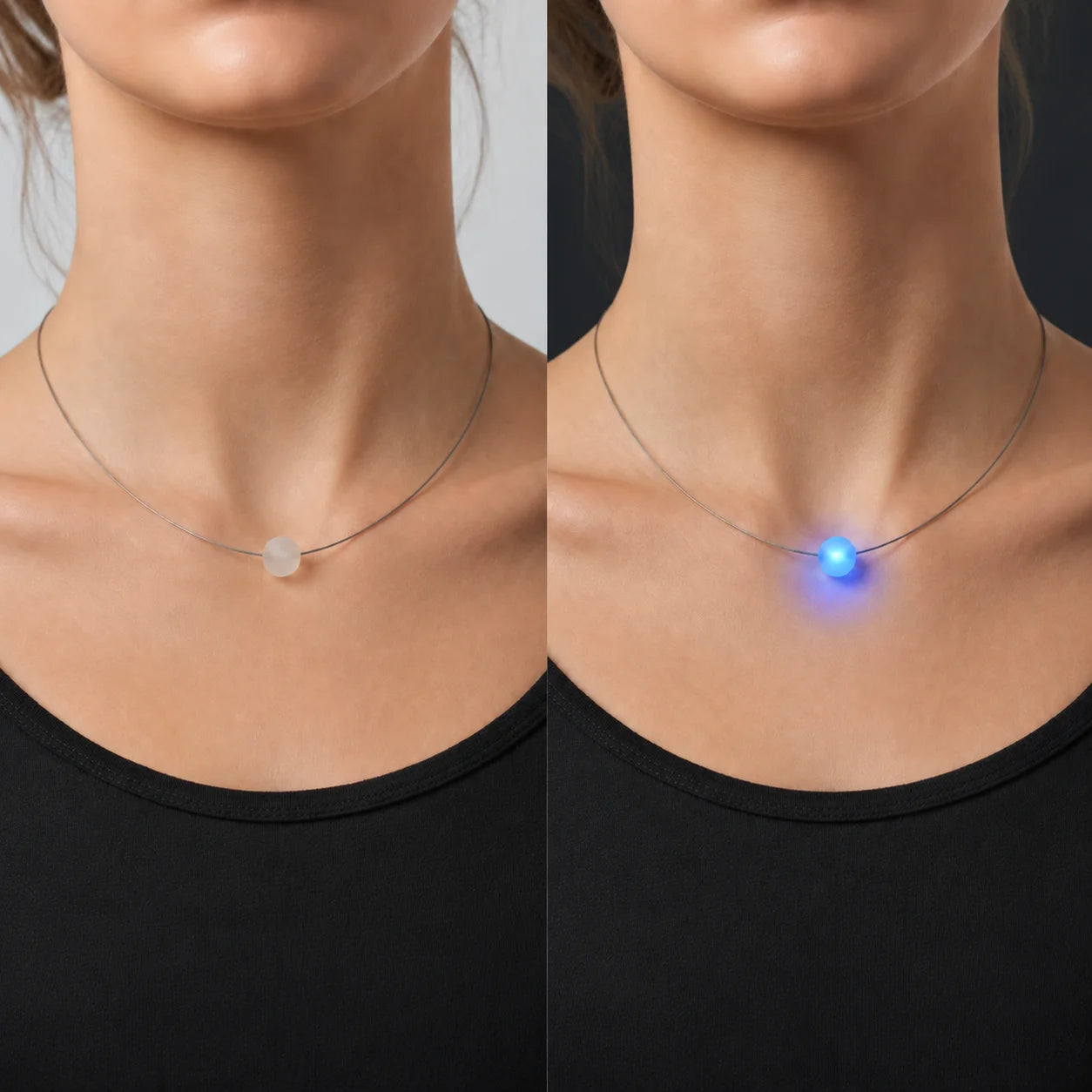 Vergleich der Firejewel LED-Halskette mit ausgeschalteter Milchglaskugel und eingeschaltetem blauem LED-Licht am Hals