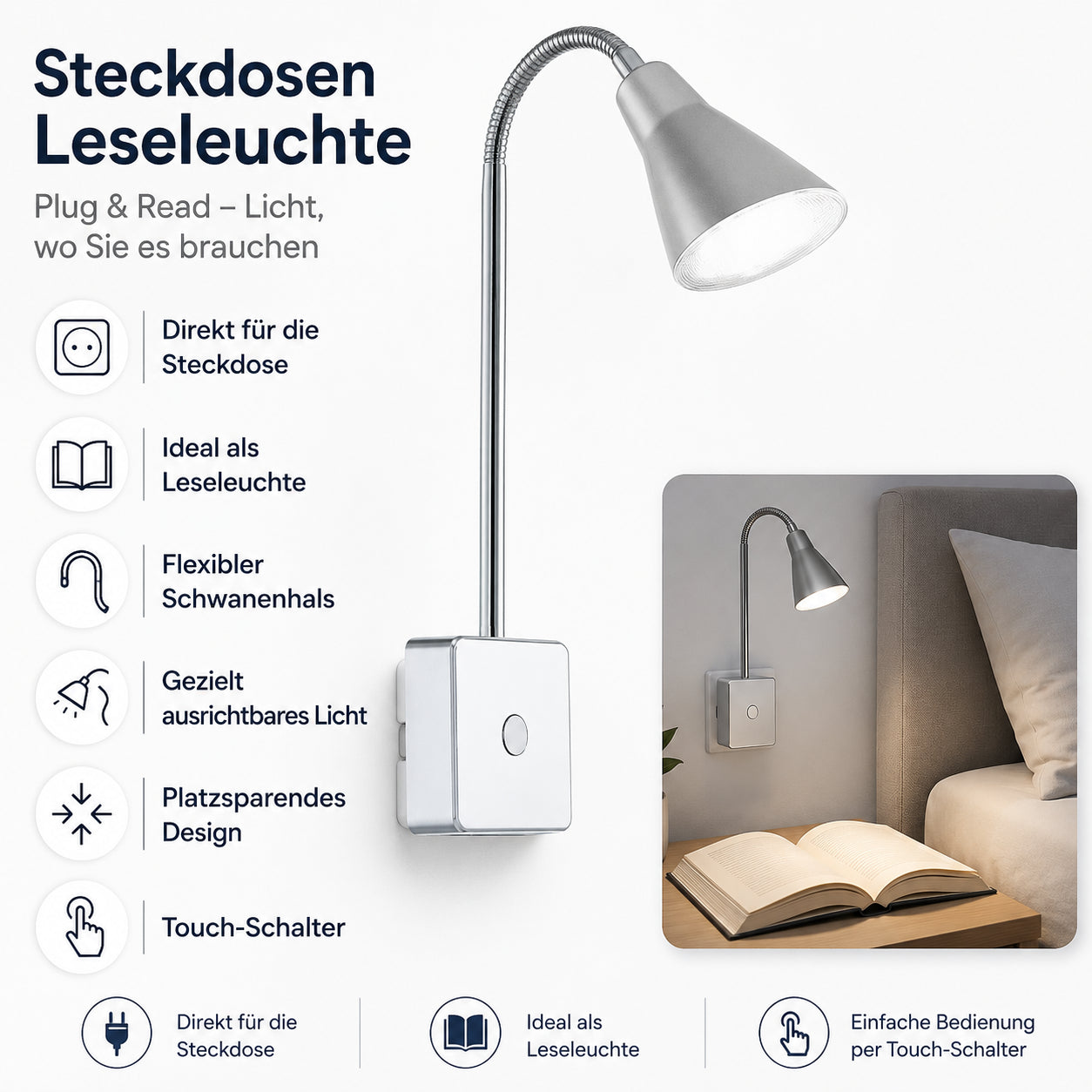 steckdosenlampe led mit schalter toucwarmweiß 3000K eglo nera  92959  leselampe direkt für steckdose