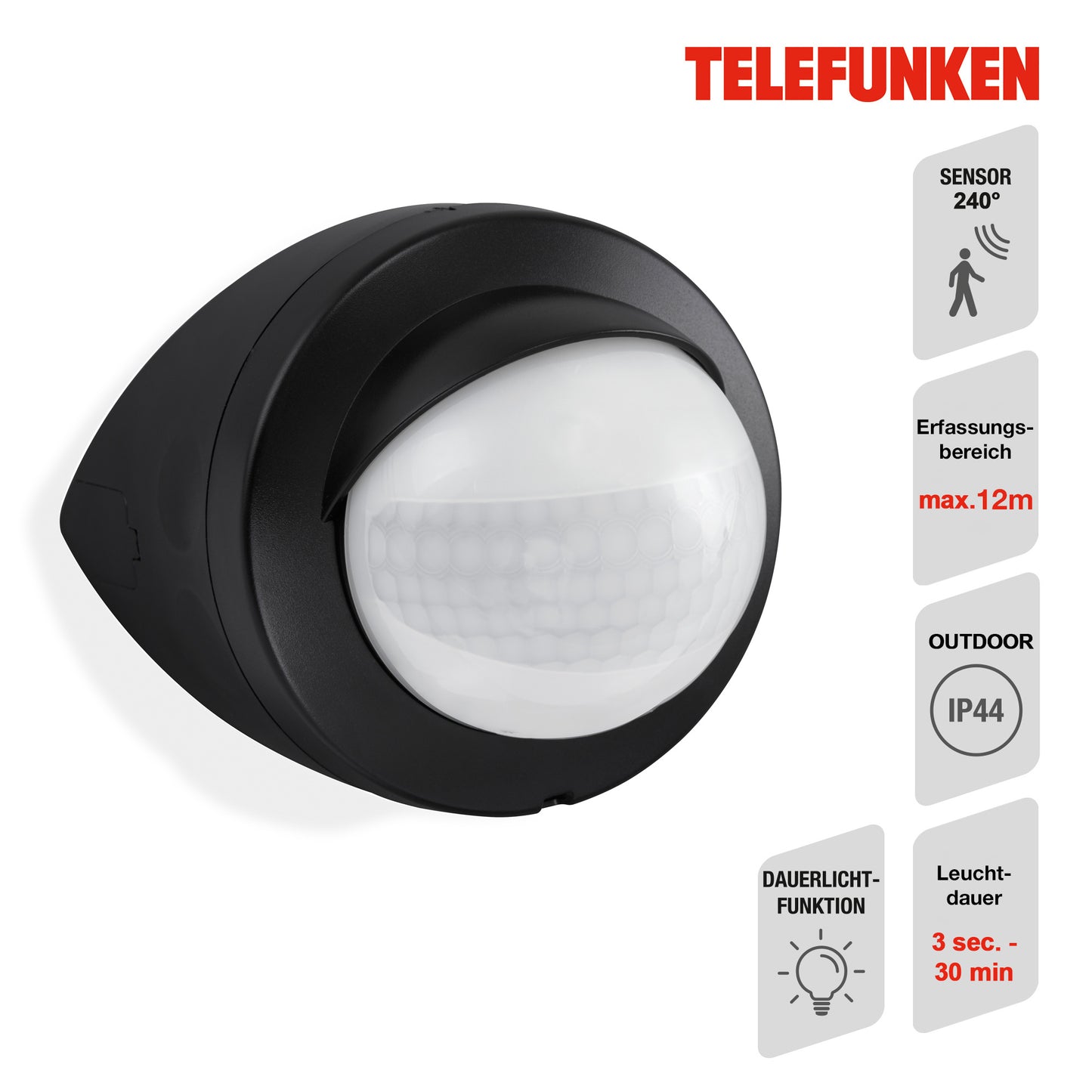 Bewegungsmelder für außen schwarz Reichweite 12m 200° Eckmontage IP44