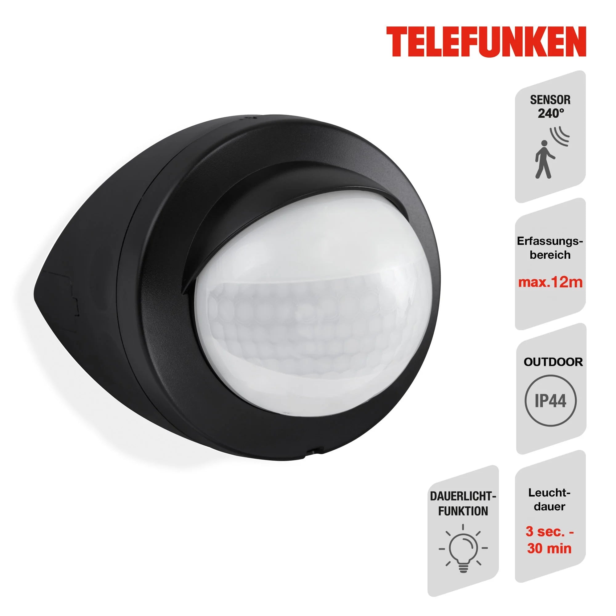 Bewegungsmelder für außen schwarz Reichweite 12m 200° Eckmontage IP44