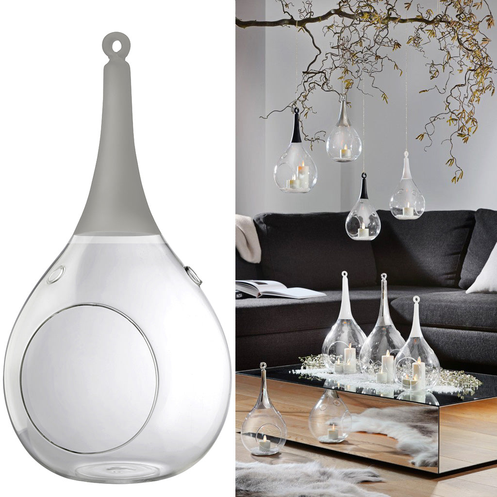 Taura grau groß Windlicht zum aufhängen Glas mundgeblasen, handbemalt