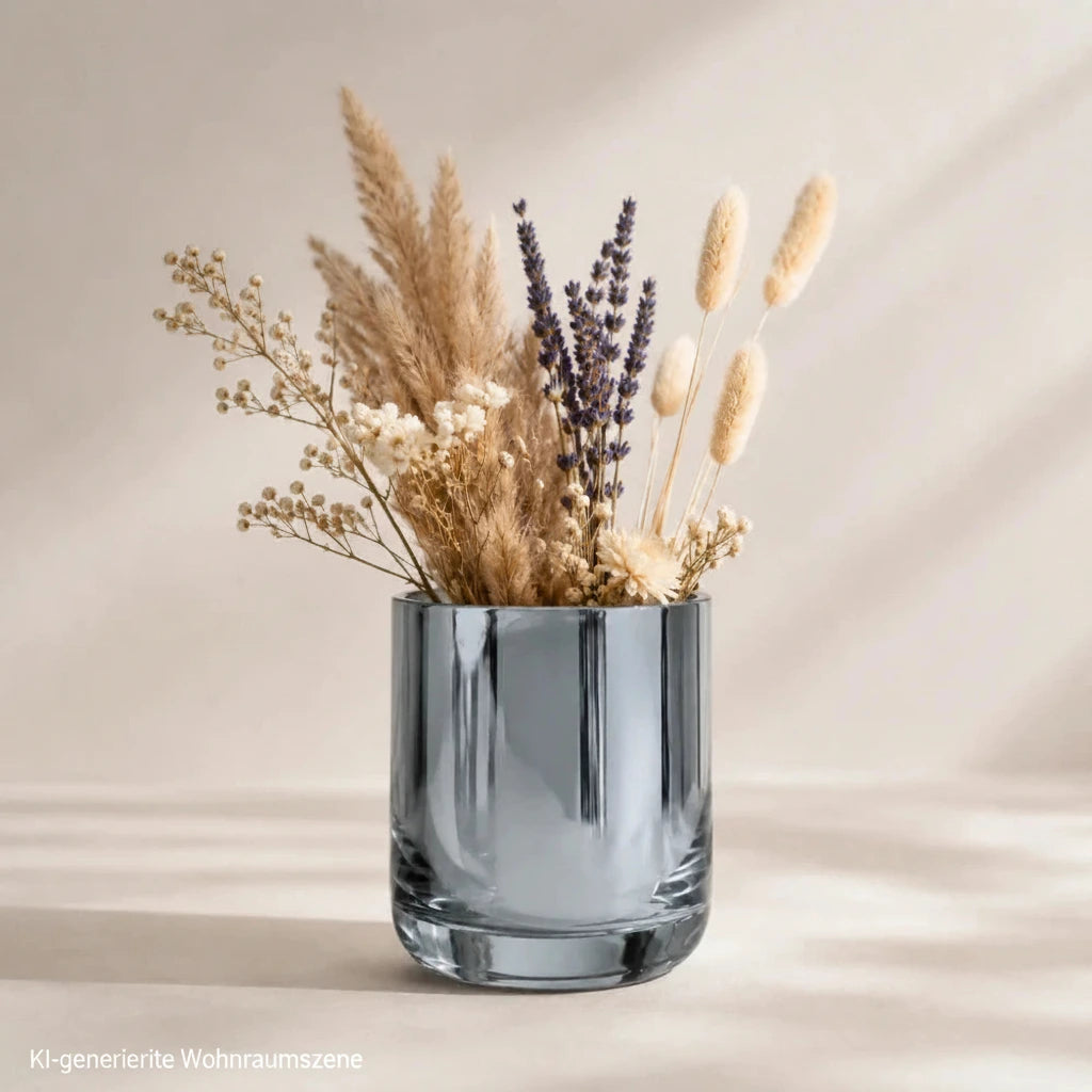 GLAM Dekoglas in Silber als kleine Vase mit Pampasgras und Trockenblumen dekoriert
