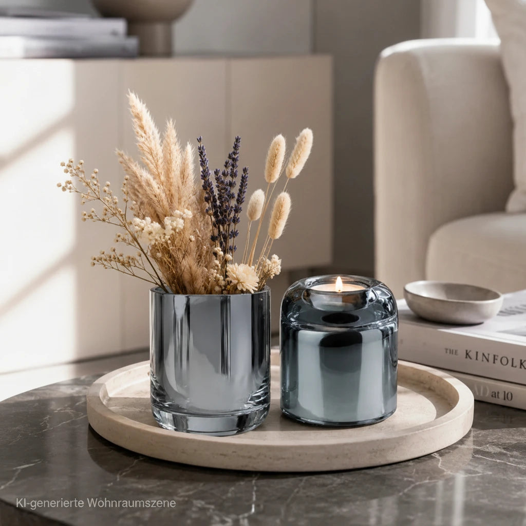 GLAM Dekoglas Teelichthalter und Vase in Silber mit Trockenblumen auf einem Tablett im modernen Wohnzimmer