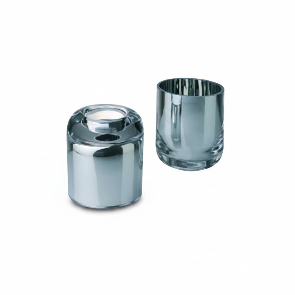 GLAM Silber Dekoglas Glas Chrom Teelichthalter Kerzenleuchter Rund Tee – Vase / Glasvase / Deko-Vase – stilvolles Wohnaccesso