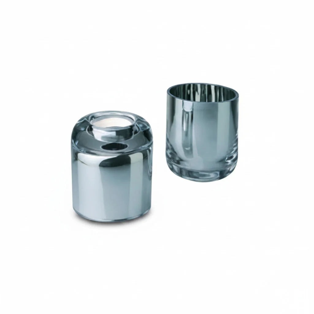 GLAM Silber Dekoglas Glas Chrom Teelichthalter Kerzenleuchter Rund Tee – Vase / Glasvase / Deko-Vase – stilvolles Wohnaccesso