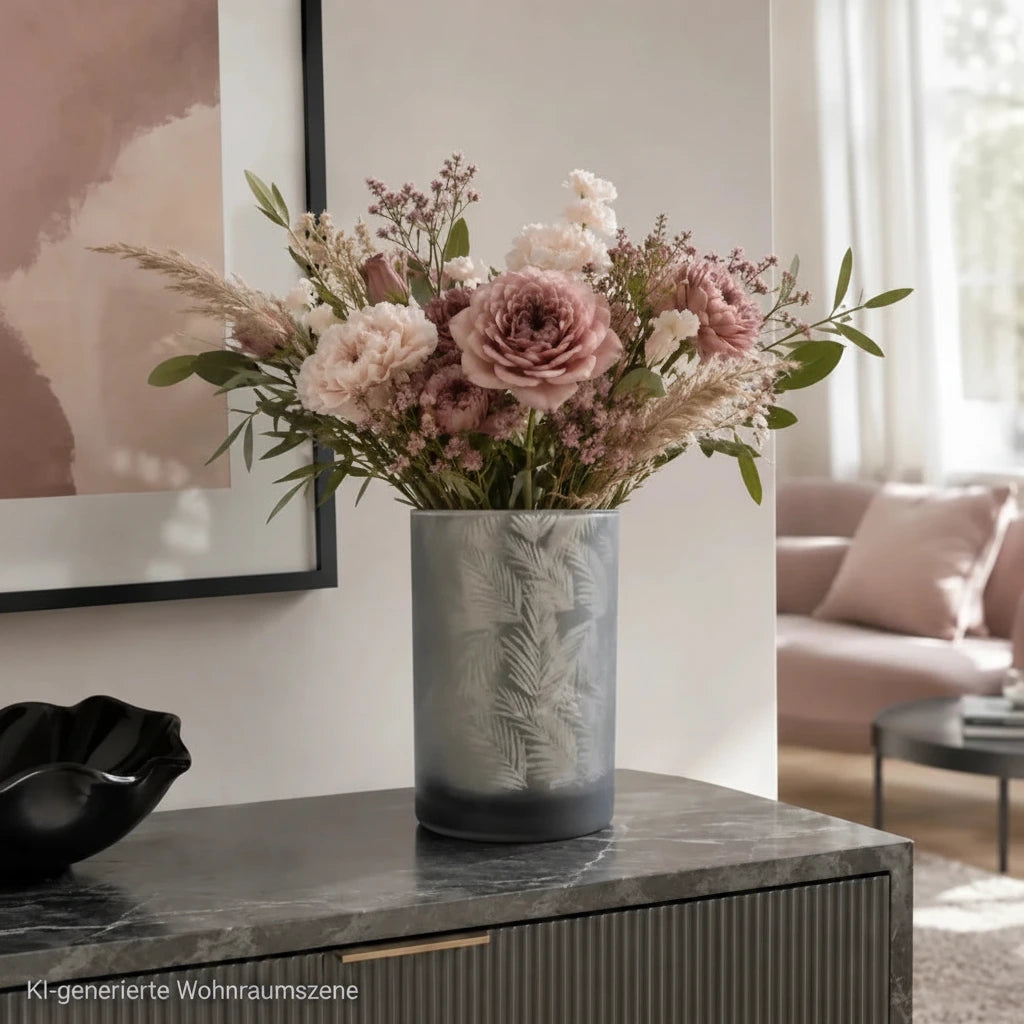 Grau-silbernes Glaswindlicht mit Blattmuster als elegante Dekoration in einem modernen Wohnraum