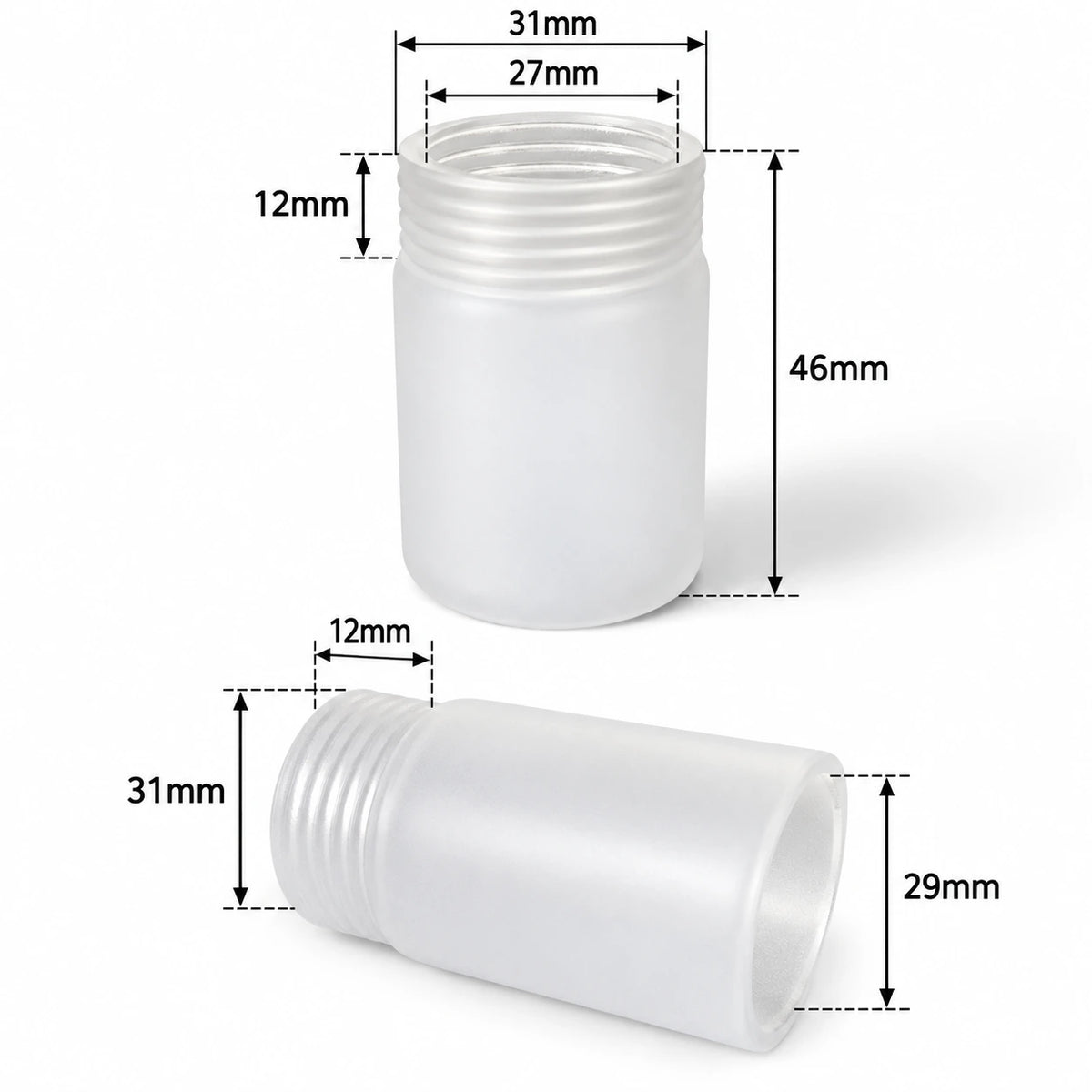Glaszylinder mit Innengewinde – 46 mm Höhe, 27 mm Innendurchmesser und 12 mm Gewindelänge