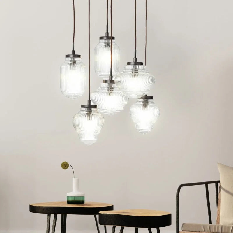 6-flammige Design-Pendelleuchte Brilliant Catha mit klaren Riffelgläsern – elegante Beleuchtung für Treppenhaus und Galerie