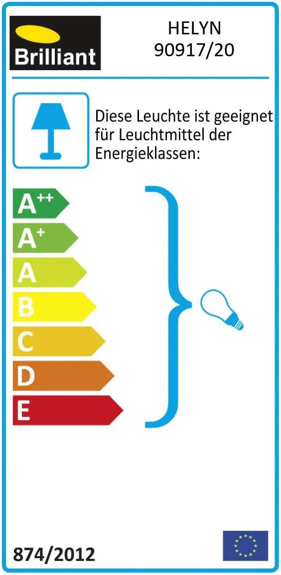 EU-Energieeffizienzskala A bis G für Leuchtmittel der Brilliant Helyn Pendelleuchte mit drei E14-Fassungen