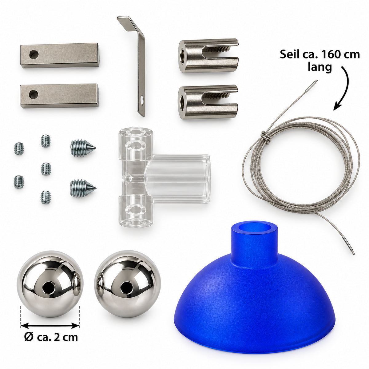 12V Pendelspot Bausatz mit blauem Glasschirm, Chromkugeln, Textilseil und Montagematerial für Niedervolt-Seilsysteme - Memphis 