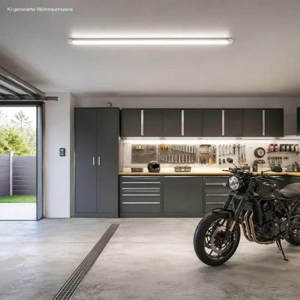 Hannover LED-Deckenleuchte 123 cm eingeschaltet in einer modernen Garage
