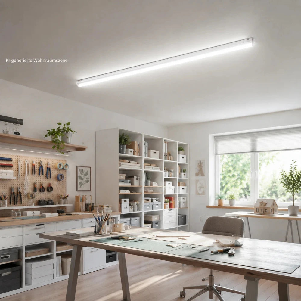 Hannover LED-Deckenleuchte 123 cm eingeschaltet in einem hellen modernen Hobbyraum