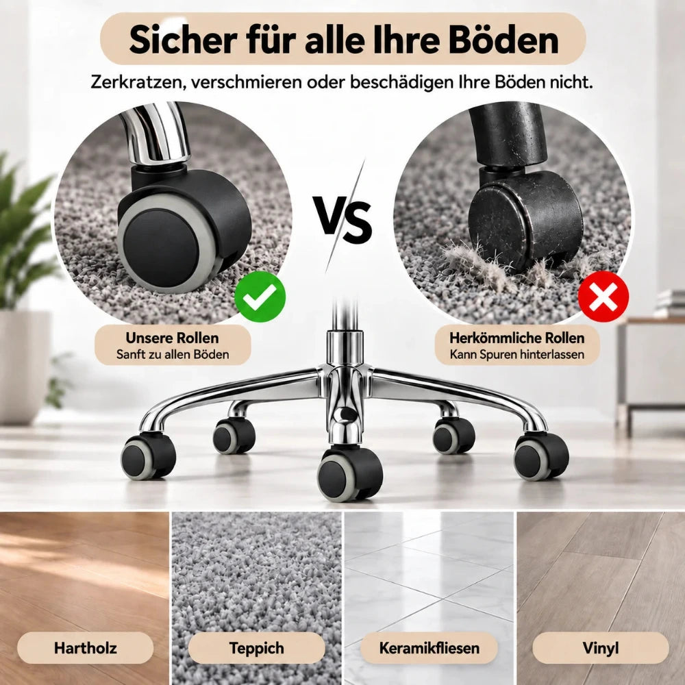 Bodenschonende Bürostuhlrollen im Vergleich zu herkömmlichen Rollen sowie Beispiele für Hartholz, Teppich, Keramikfliesen und Vinyl.