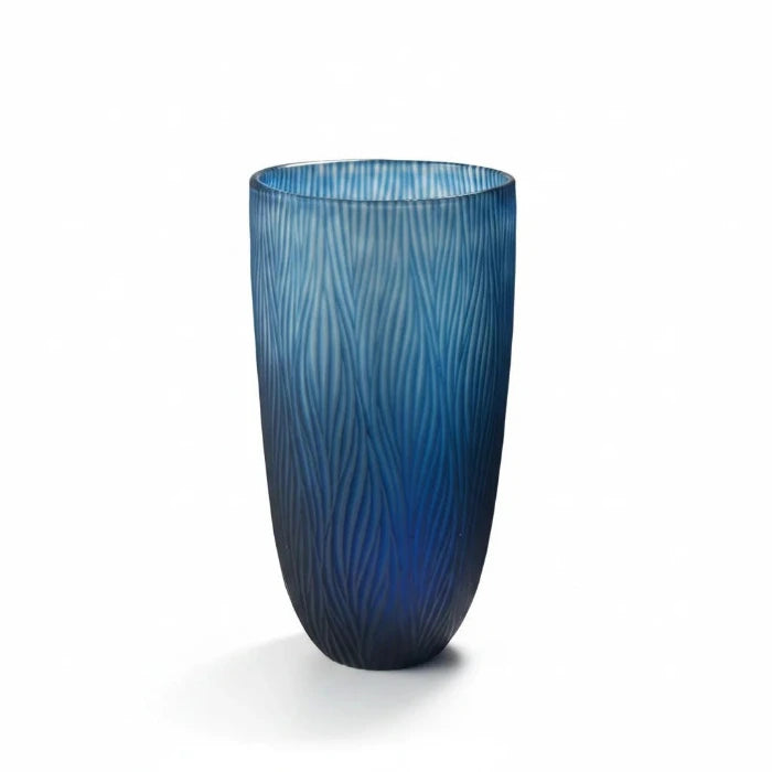 Hohe Glasvase blau 21x36cm mit geschliffenen Muster mundgeblasen mundgeblasen, Handwerkskunst