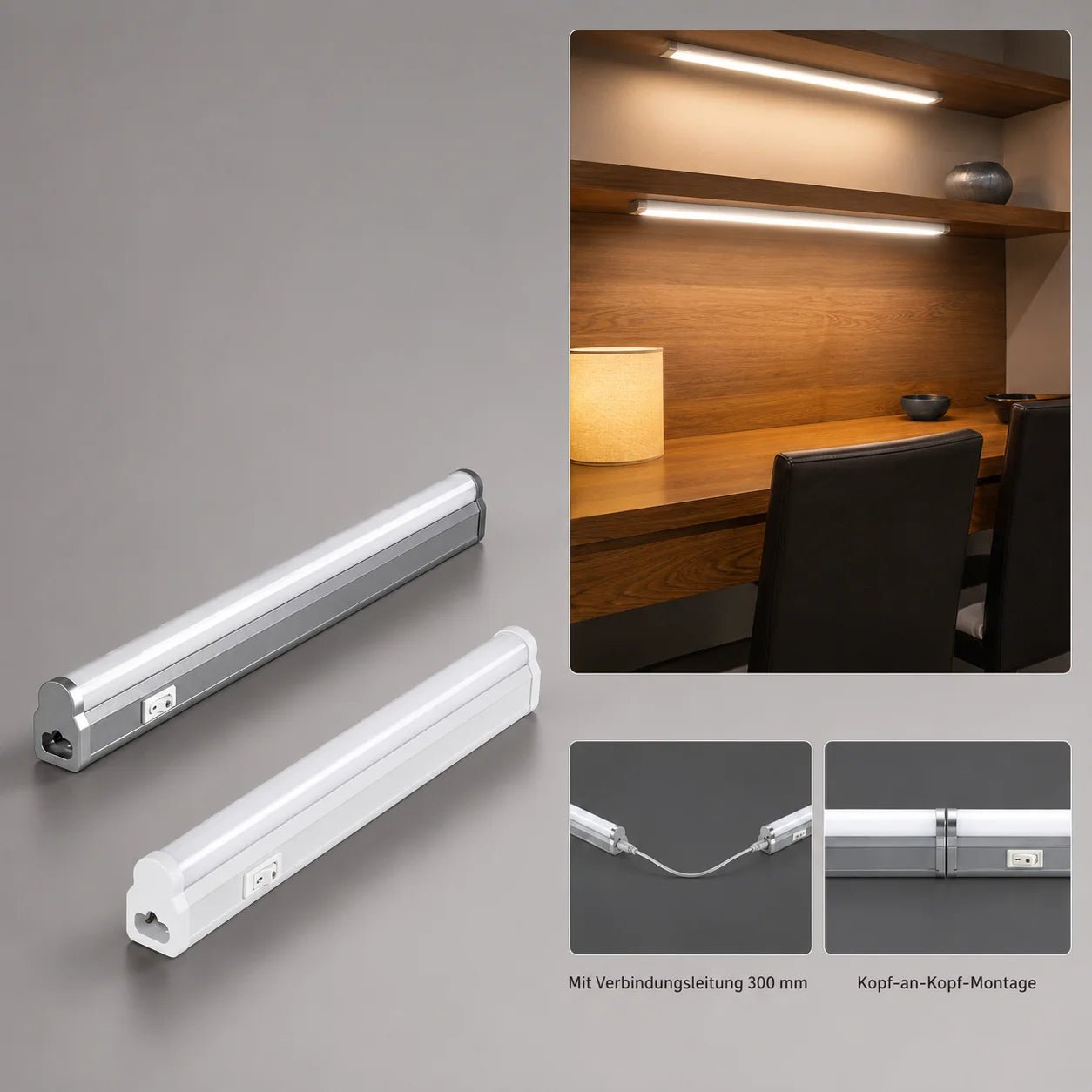 IBV LED-Unterbauleuchte mit 300-mm-Verbindungsleitung, Kopf-an-Kopf-Montage und Anwendung unter Regalen