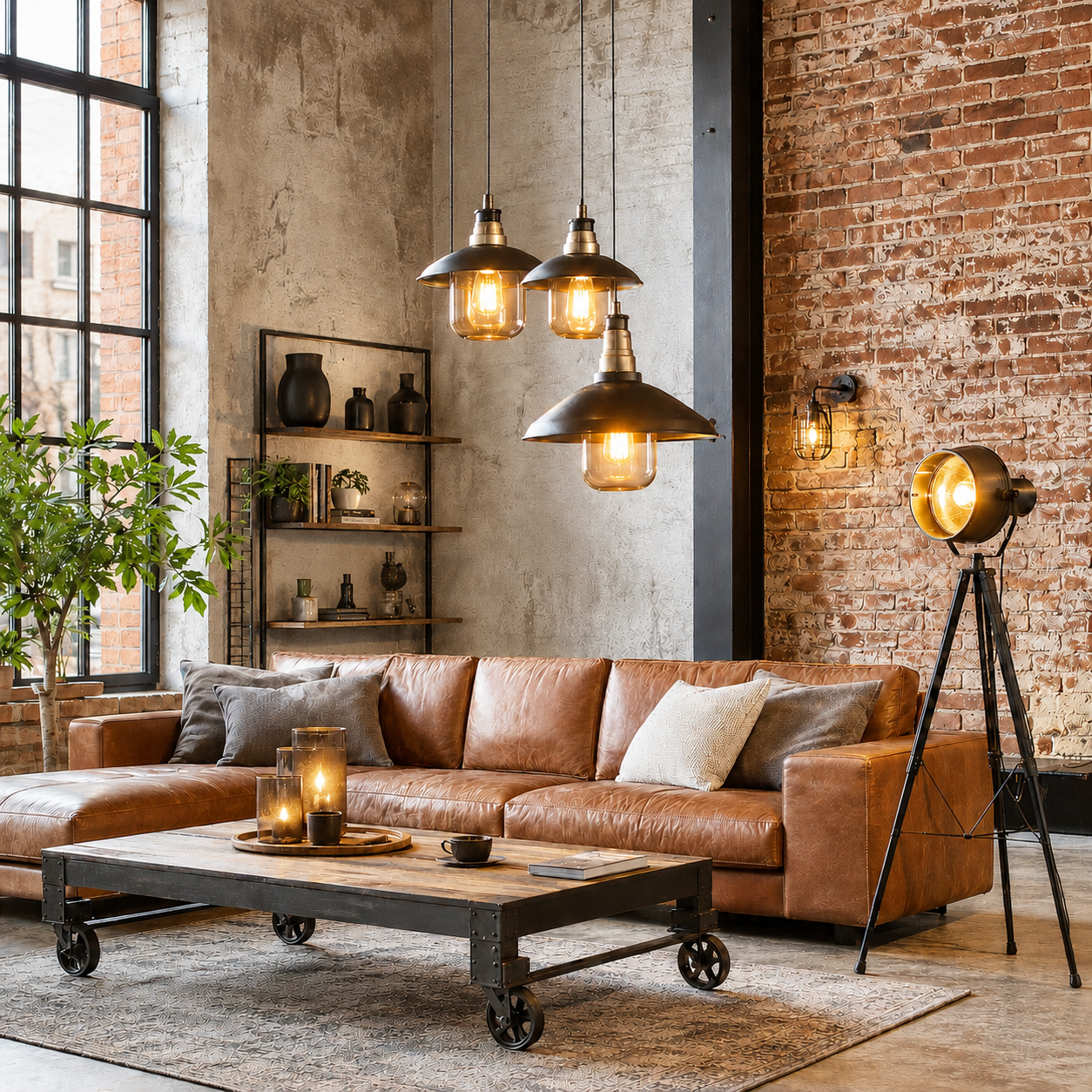 Industrial-Wohnzimmer mit Leder-Sofa, Pendelleuchten, Stehlampe und Wandleuchte vor Backsteinwand.
